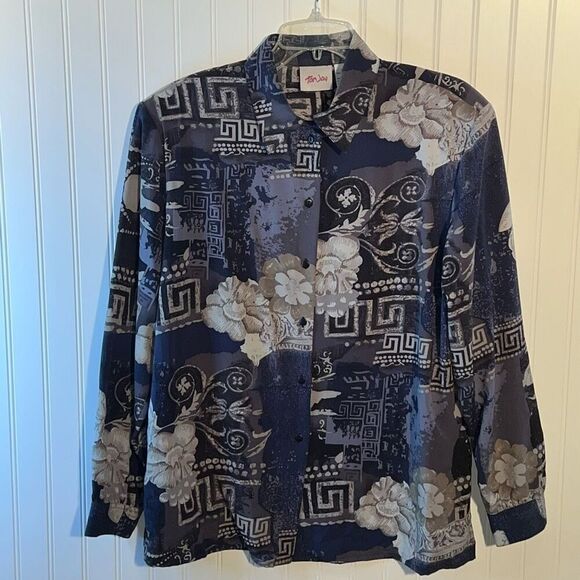 TanJay Button Up Collar Top Women’s 16W Navy Gray Oriental Floral Long Sleeve - Picture 1 of 11